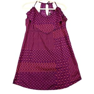 Roxy Purple Orange Geometric Print Halter Dress Sleeveless Summer Casual Dress L